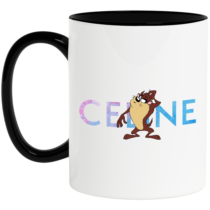 Cana Cu Taz, Cu Textul "Celine" - Design 3, Ceramica, 330ML, Cu Maner si Interior Negru