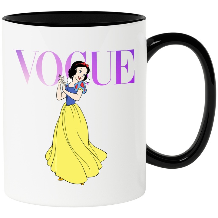 Cana Cu Alba ca zapada, Cu Textul "Vogue" - Design 3, Ceramica, 330ML, Cu Maner si Interior Negru