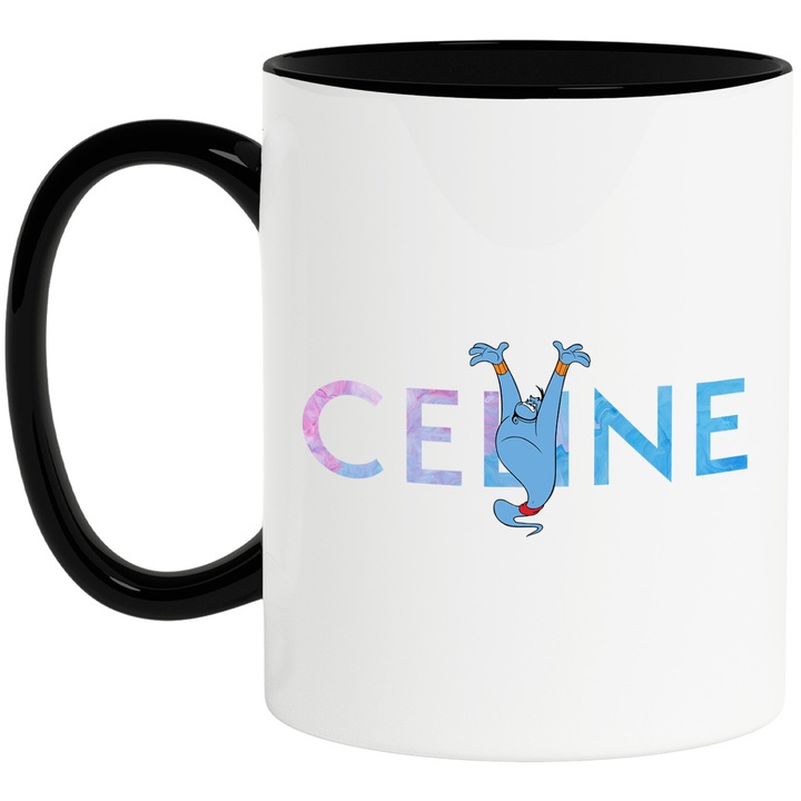 Cana Cu Alladin, Cu Textul "Celine" - Design 3, Ceramica, 330ML, Cu Maner si Interior Negru