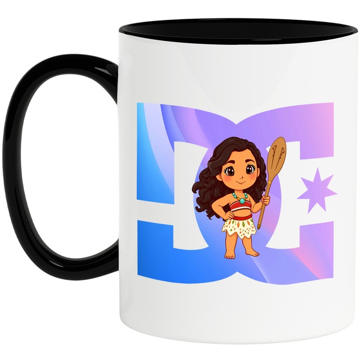 Cana Cu Moana, Cu Textul "DC" - Design 5, Ceramica, 330ML, Cu Maner si Interior Negru
