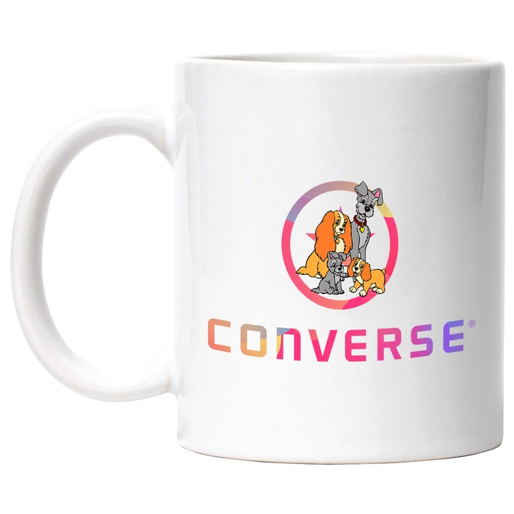 Cana Cu Doamna si Vagabondul, Cu Textul "Converse" - Design 1, Ceramica, 330ML, Cu Maner si Interior Alb