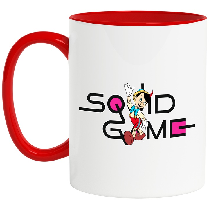Cana Cu Pinocchio, Cu Textul "Squid Game" - Design 5, Ceramica, 330ML, Cu Maner si Interior Rosu