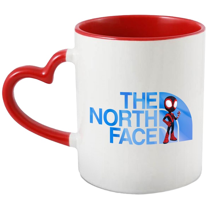Cana Cu SpiderMan, Cu Textul "The North Face" - Design 7, Ceramica, 330ML, Cu Maner Inima Rosie si Interior Rosu