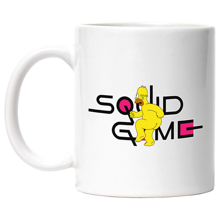 Cana Cu Simpson, Cu Textul "Squid Game" - Design 5, Ceramica, 330ML, Cu Maner si Interior Alb