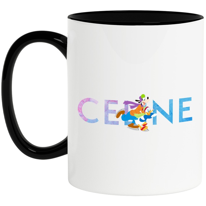 Cana Cu Goofy, Cu Textul "Celine" - Design 1, Ceramica, 330ML, Cu Maner si Interior Negru