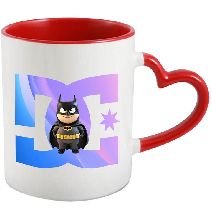 Cana Cu Batman, Cu Textul "DC" - Design 1, Ceramica, 330ML, Cu Maner Inima Rosie si Interior Rosu