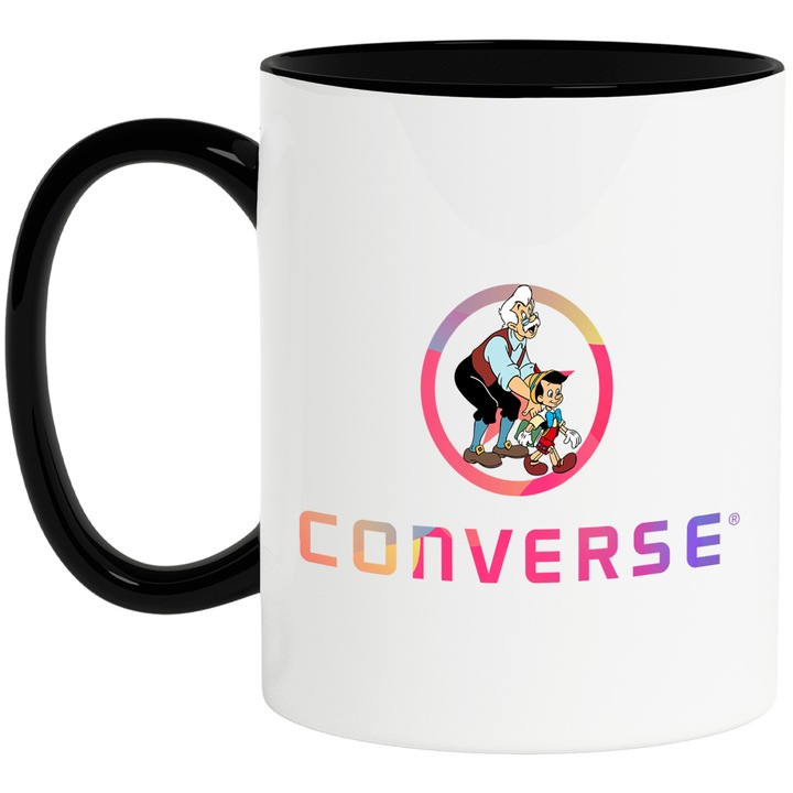 Cana Cu Pinocchio, Cu Textul "Converse" - Design 10, Ceramica, 330ML, Cu Maner si Interior Negru