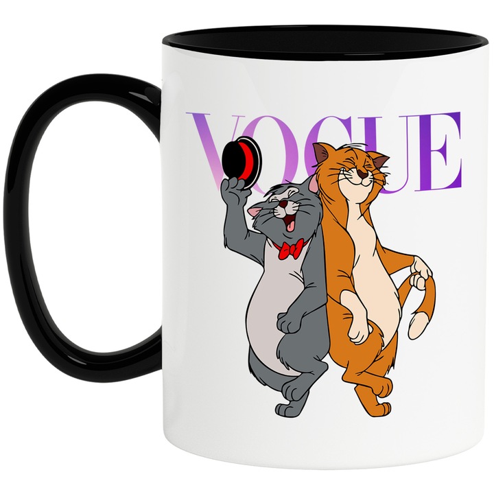 Cana Cu Pisicile Aristrocate, Cu Textul "Vogue" - Design 5, Ceramica, 330ML, Cu Maner si Interior Negru