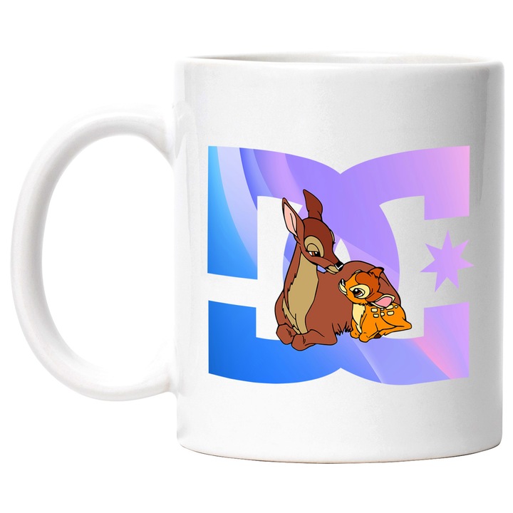 Cana Cu Bambi, Cu Textul "DC" - Design 1, Ceramica, 330ML, Cu Maner si Interior Alb