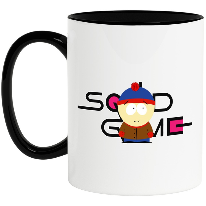 Cana Cu Southpark, Cu Textul "Squid Game" - Design 3, Ceramica, 330ML, Cu Maner si Interior Negru