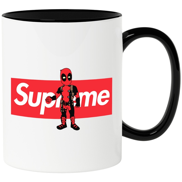 Cana Cu Deadpool, Cu Textul "Supreme" - Design 2, Ceramica, 330ML, Cu Maner si Interior Negru