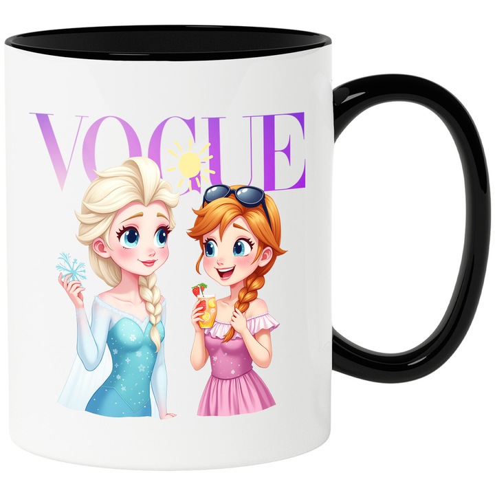 Cana Cu Frozen, Cu Textul "Vogue" - Design 8, Ceramica, 330ML, Cu Maner si Interior Negru