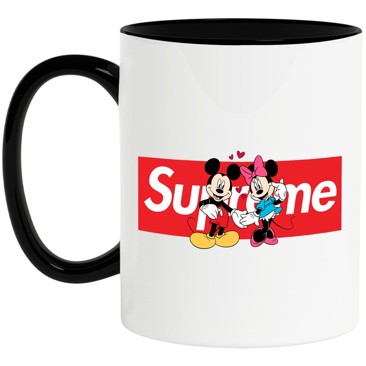 Cana Cu Mickey si Minnie, Cu Textul "Supreme" - Design 29, Ceramica, 330ML, Cu Maner si Interior Negru