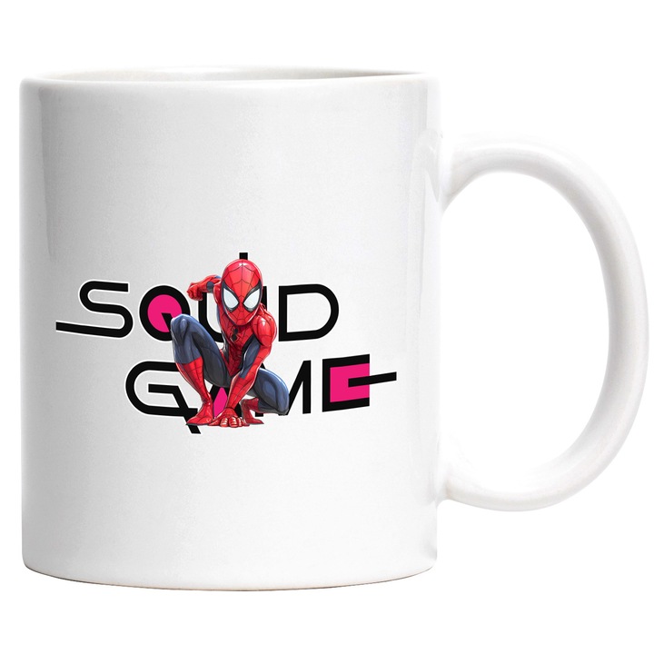 Cana Cu SpiderMan, Cu Textul "Squid Game" - Design 13, Ceramica, 330ML, Cu Maner si Interior Alb