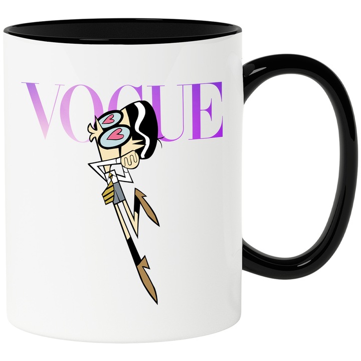 Cana Cu Laboratorul lui Dexter, Cu Textul "Vogue" - Design 6, Ceramica, 330ML, Cu Maner si Interior Negru