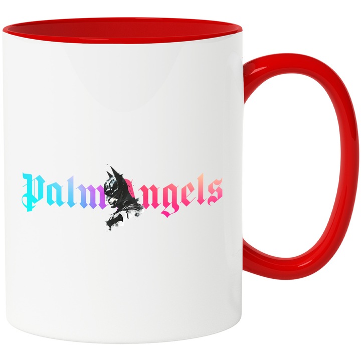 Cana Cu Batman, Cu Textul "Palms Angels" - Design 2, Ceramica, 330ML, Cu Maner si Interior Rosu