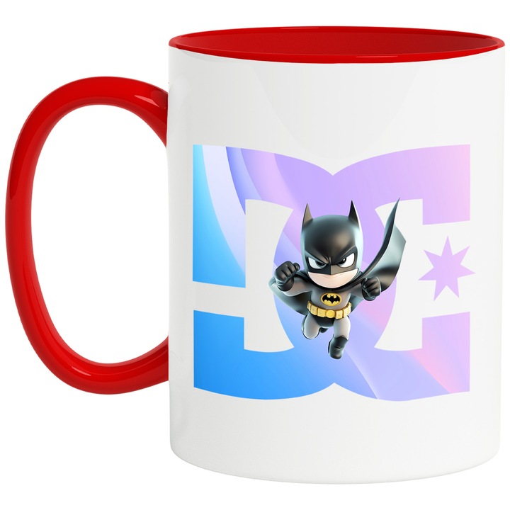 Cana Cu Batman, Cu Textul "DC" - Design 6, Ceramica, 330ML, Cu Maner si Interior Rosu