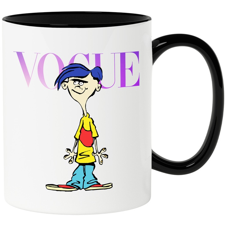Cana Cu EDEDD SI EDDY, Cu Textul "Vogue" - Design 6, Ceramica, 330ML, Cu Maner si Interior Negru