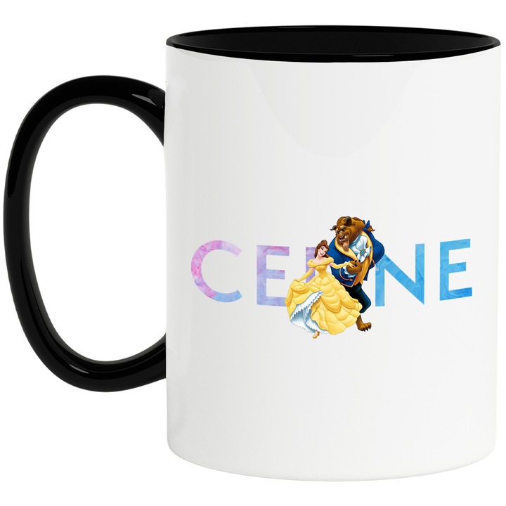 Cana Cu Frumoasa si bestia, Cu Textul "Celine" - Design 5, Ceramica, 330ML, Cu Maner si Interior Negru