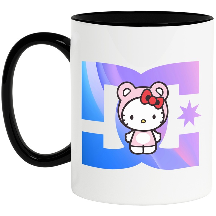 Cana Cu Hello Kitty, Cu Textul "DC" - Design 1, Ceramica, 330ML, Cu Maner si Interior Negru