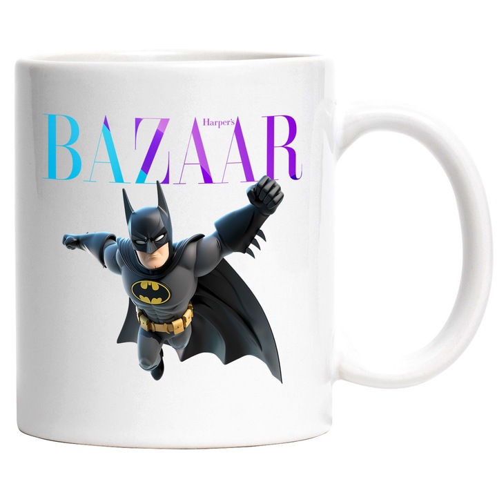 Cana Cu Batman, Cu Textul "Bazaar" - Design 5, Ceramica, 330ML, Cu Maner si Interior Alb