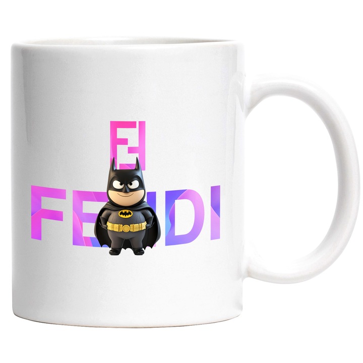 Cana Cu Batman, Cu Textul "Fendi" - Design 1, Ceramica, 330ML, Cu Maner si Interior Alb
