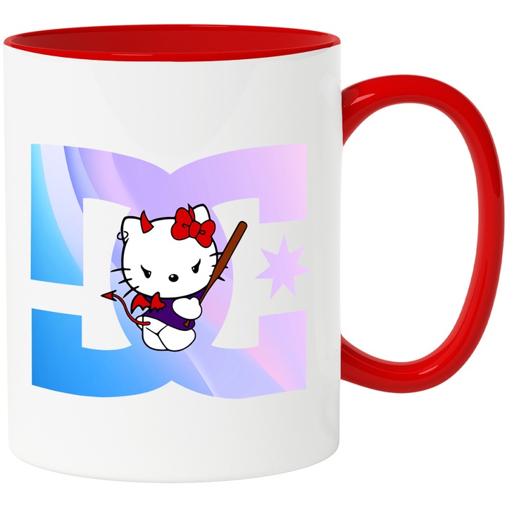 Cana Cu Hello Kitty, Cu Textul "DC" - Design 6, Ceramica, 330ML, Cu Maner si Interior Rosu