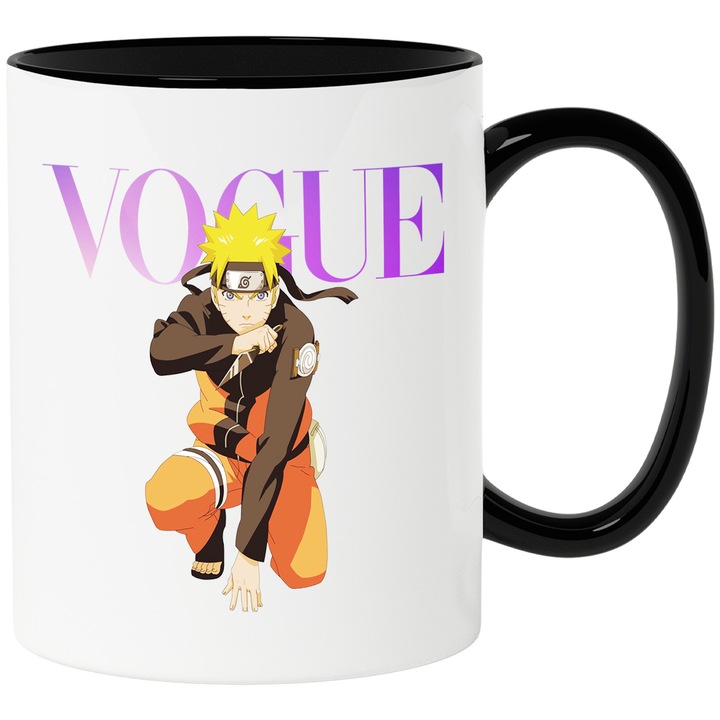 Cana Cu Naruto, Cu Textul "Vogue" - Design 1, Ceramica, 330ML, Cu Maner si Interior Negru