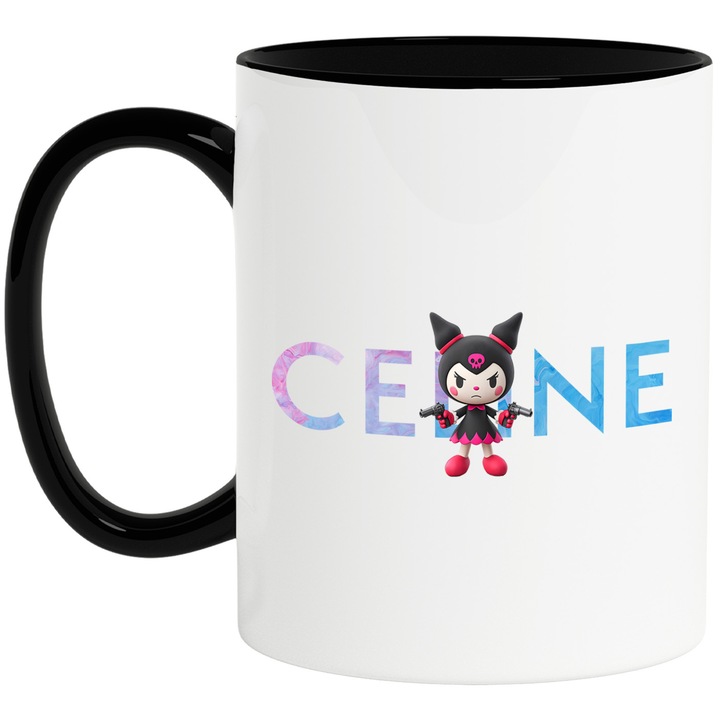 Cana Cu Korumi, Cu Textul "Celine" - Design 3, Ceramica, 330ML, Cu Maner si Interior Negru