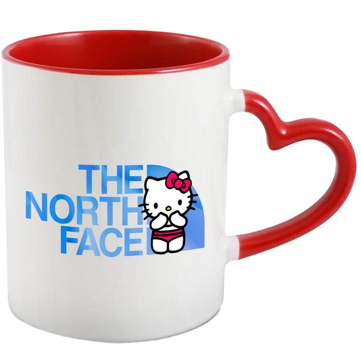 Cana Cu Hello Kitty, Cu Textul "The North Face" - Design 7, Ceramica, 330ML, Cu Maner Inima Rosie si Interior Rosu