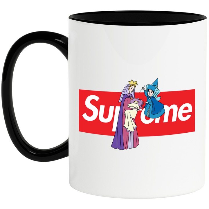 Cana Cu Frumoasa Adormita, Cu Textul "Supreme" - Design 1, Ceramica, 330ML, Cu Maner si Interior Negru