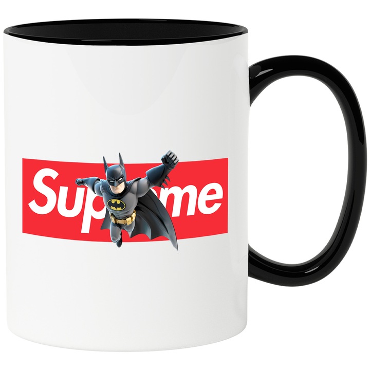 Cana Cu Batman, Cu Textul "Supreme" - Design 5, Ceramica, 330ML, Cu Maner si Interior Negru