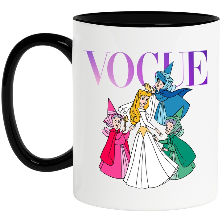 Cana Cu Frumoasa Adormita, Cu Textul "Vogue" - Design 2, Ceramica, 330ML, Cu Maner si Interior Negru