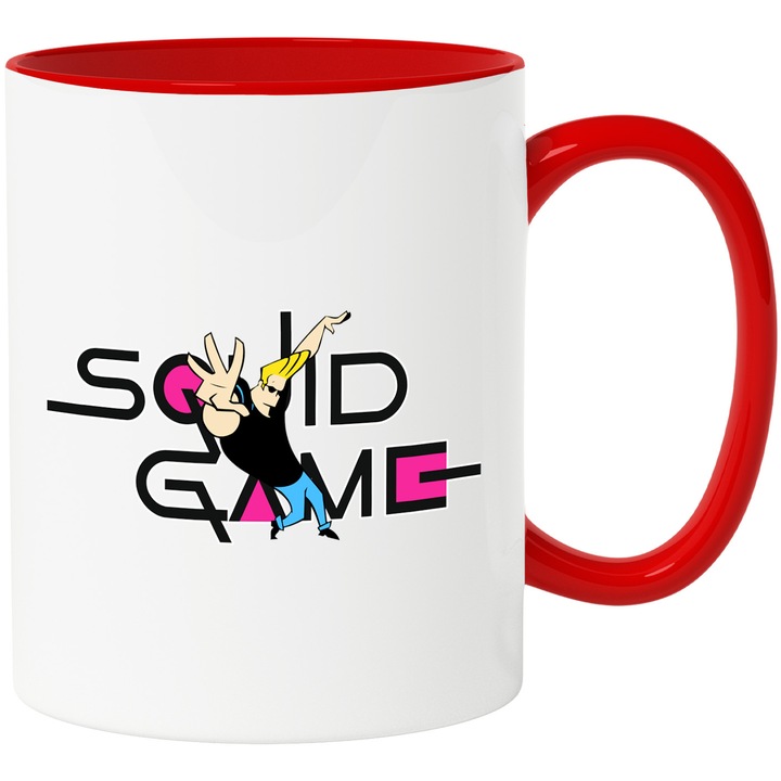 Cana Cu Johny Bravo, Cu Textul "Squid Game" - Design 4, Ceramica, 330ML, Cu Maner si Interior Rosu
