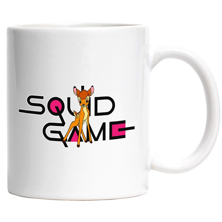 Cana Cu Bambi, Cu Textul "Squid Game" - Design 3, Ceramica, 330ML, Cu Maner si Interior Alb