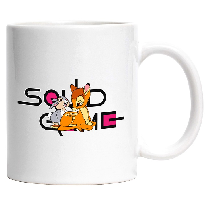 Cana Cu Bambi, Cu Textul "Squid Game" - Design 4, Ceramica, 330ML, Cu Maner si Interior Alb