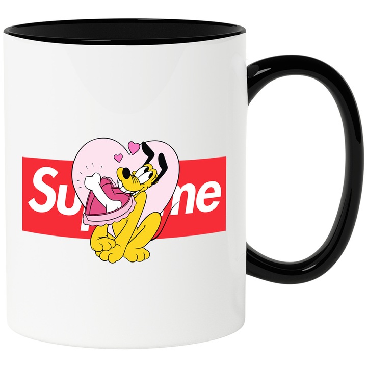 Cana Cu Pluto, Cu Textul "Supreme" - Design 1, Ceramica, 330ML, Cu Maner si Interior Negru