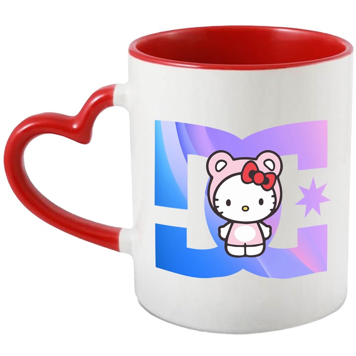 Cana Cu Hello Kitty, Cu Textul "DC" - Design 1, Ceramica, 330ML, Cu Maner Inima Rosie si Interior Rosu