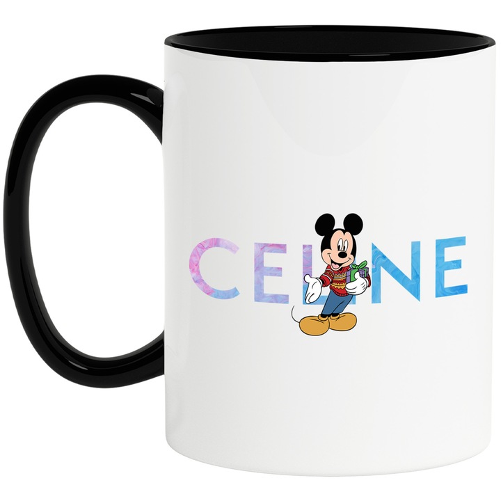 Cana Cu Mickey si Minnie, Cu Textul "Celine" - Design 40, Ceramica, 330ML, Cu Maner si Interior Negru