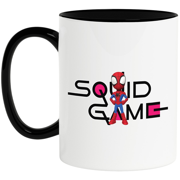 Cana Cu SpiderMan, Cu Textul "Squid Game" - Design 6, Ceramica, 330ML, Cu Maner si Interior Negru
