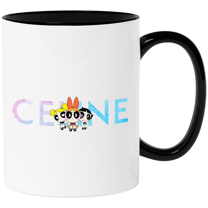 Cana Cu Fetitele Powerpuff, Cu Textul "Celine" - Design 5, Ceramica, 330ML, Cu Maner si Interior Negru