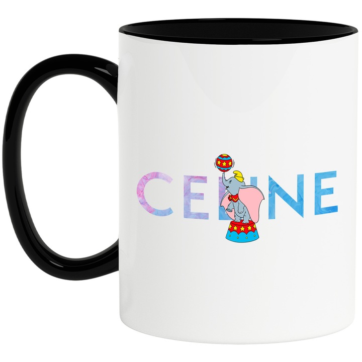 Cana Cu Dumbo, Cu Textul "Celine" - Design 4, Ceramica, 330ML, Cu Maner si Interior Negru