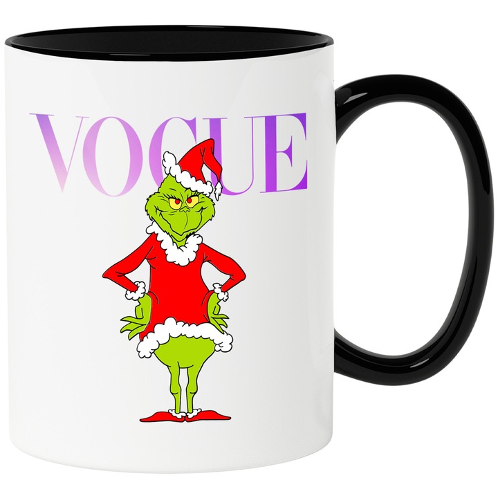 Cana Cu Grinch, Cu Textul "Vogue" - Design 4, Ceramica, 330ML, Cu Maner si Interior Negru