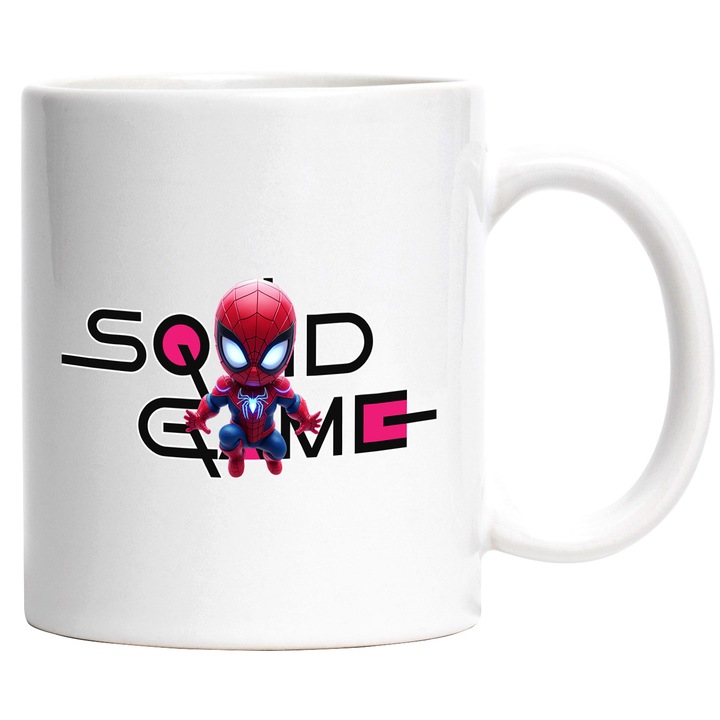 Cana Cu SpiderMan, Cu Textul "Squid Game" - Design 1, Ceramica, 330ML, Cu Maner si Interior Alb