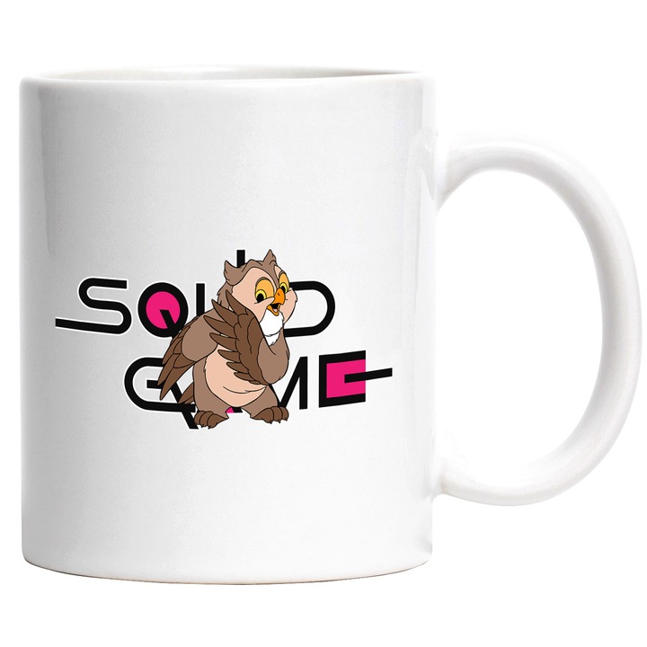 Cana Cu Bambi, Cu Textul "Squid Game" - Design 6, Ceramica, 330ML, Cu Maner si Interior Alb