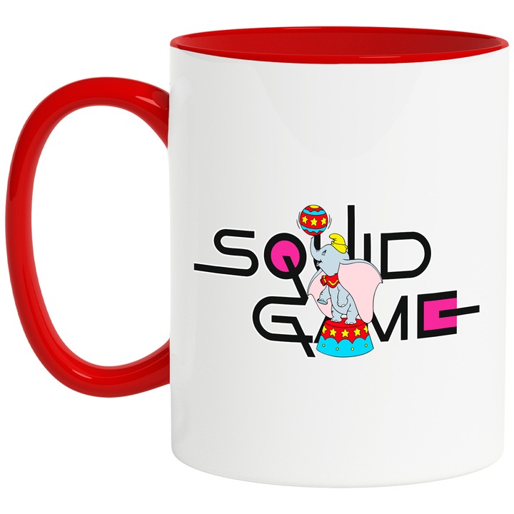 Cana Cu Dumbo, Cu Textul "Squid Game" - Design 4, Ceramica, 330ML, Cu Maner si Interior Rosu