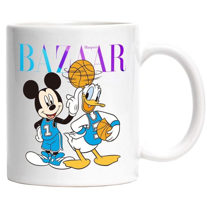 Cana Cu Mickey si Minnie, Cu Textul "Bazaar" - Design 80, Ceramica, 330ML, Cu Maner si Interior Alb