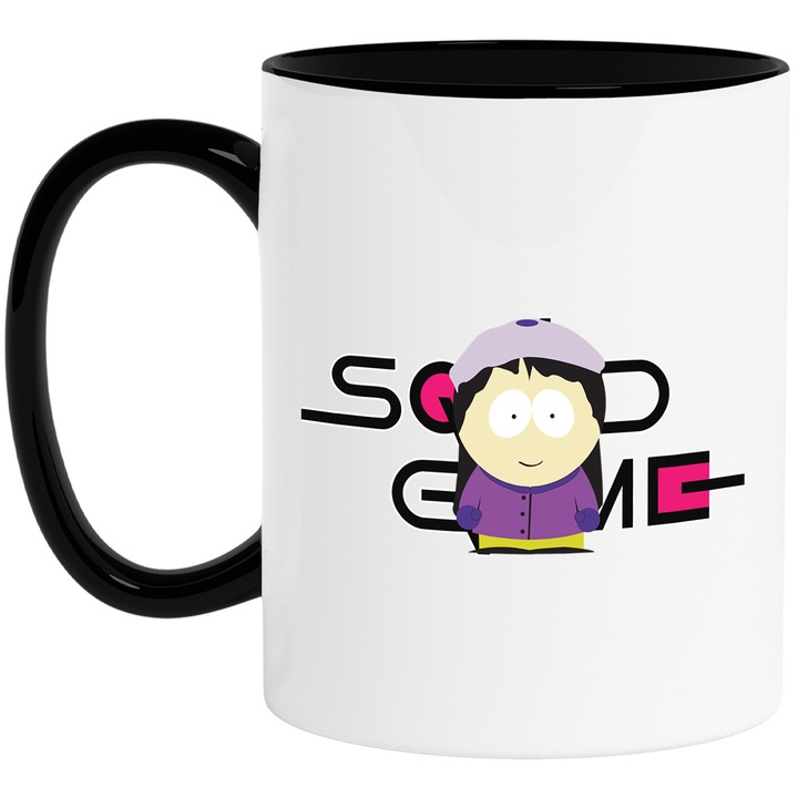 Cana Cu Southpark, Cu Textul "Squid Game" - Design 1, Ceramica, 330ML, Cu Maner si Interior Negru