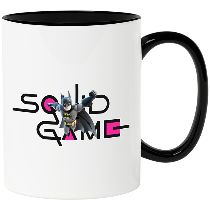 Cana Cu Batman, Cu Textul "Squid Game" - Design 5, Ceramica, 330ML, Cu Maner si Interior Negru