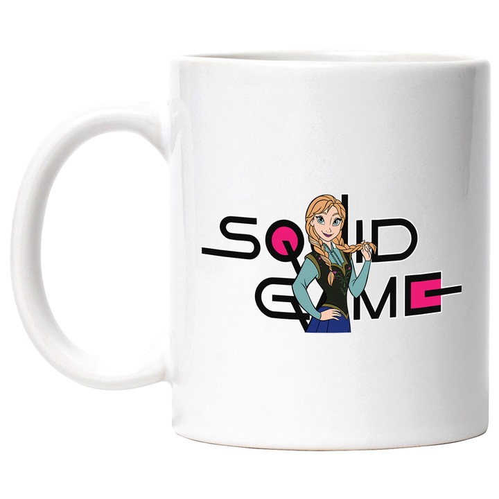 Cana Cu Frozen, Cu Textul "Squid Game" - Design 5, Ceramica, 330ML, Cu Maner si Interior Alb